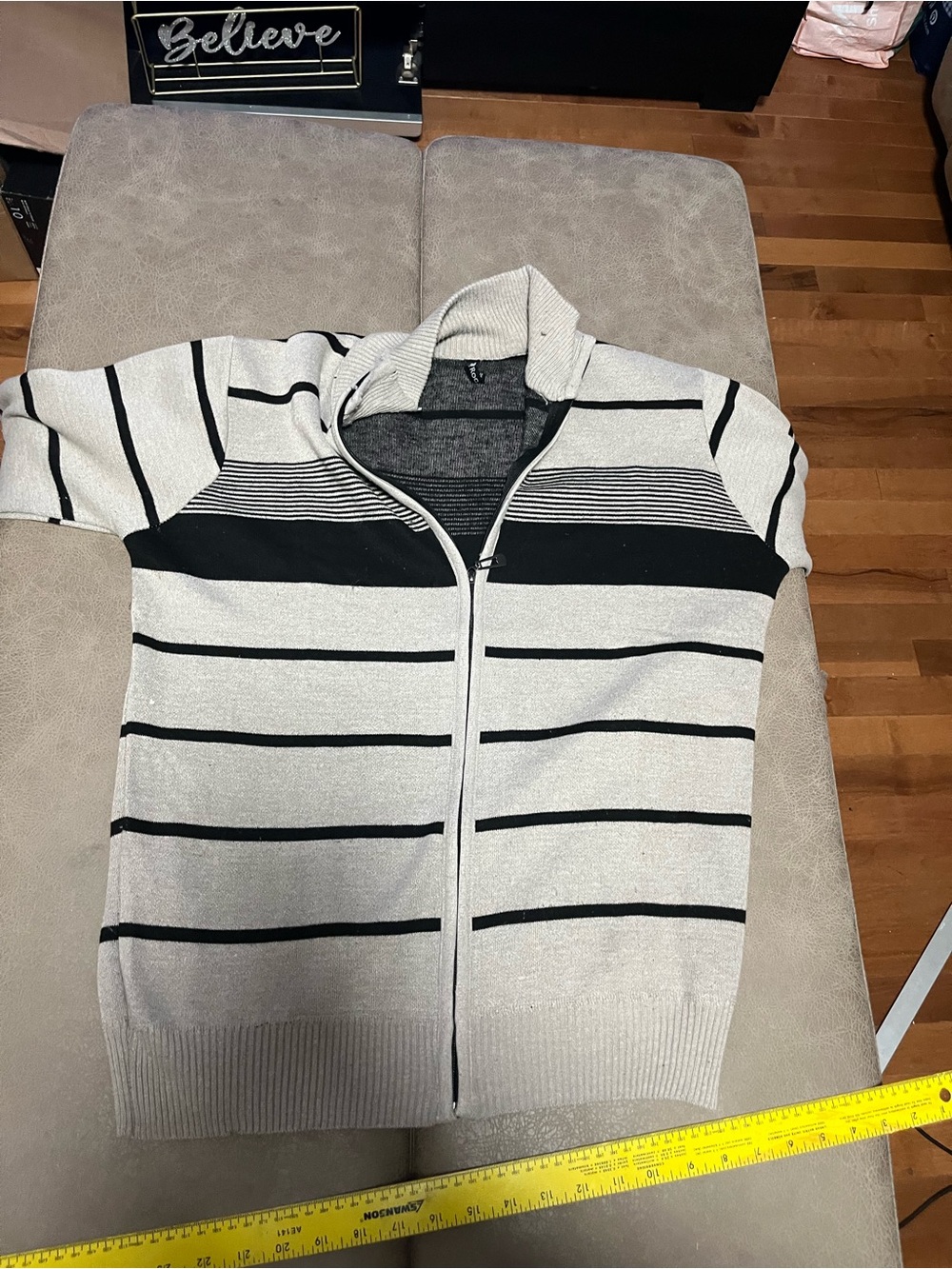 True Rock Men's Cream and Black Striped Zip-Up Sweater medium